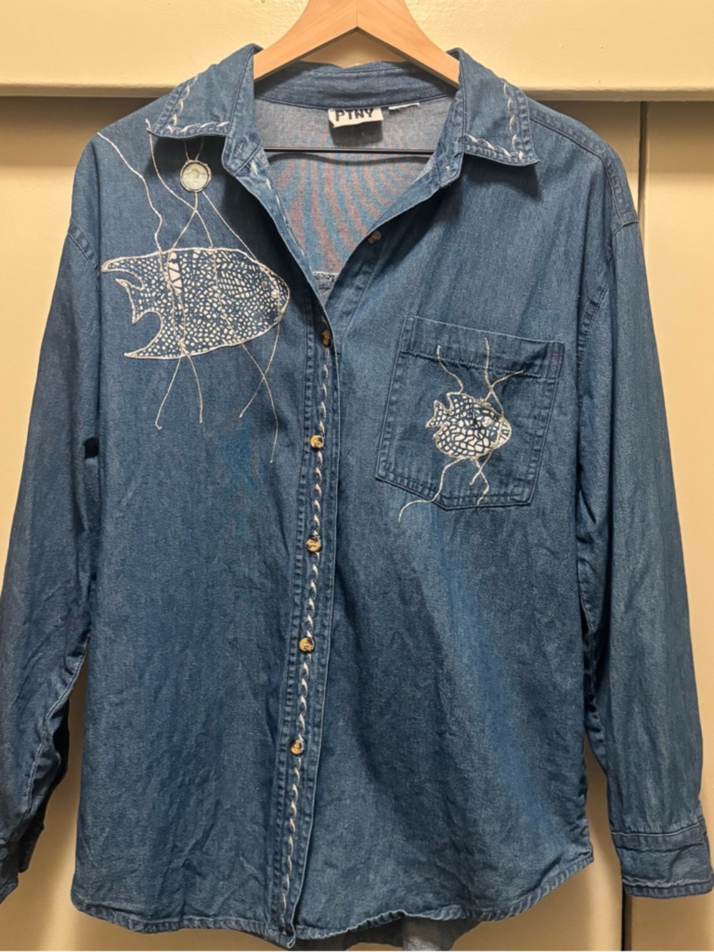 PTNY denim shirt decorative fish embroidery,Japanese Sashiko stitching Size M